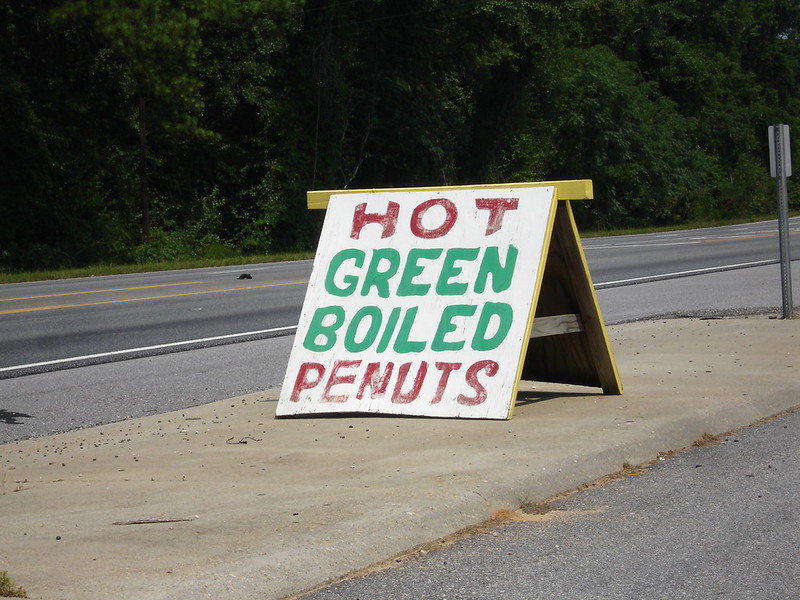 Hand-lettered sign: Hot Green Boiled Peanuts